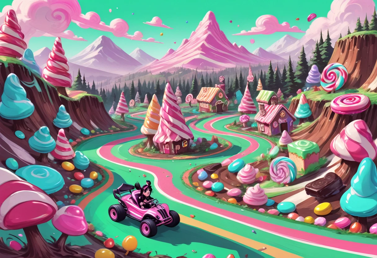 illustrate hand drawn, showcase of candy land aesthetics, candy land, sinister extreme metal frontierer art style reference glitch, overwhelming glitches, glitching, glitch art, glitch art style, Vanellope von Schweetz, sugar rush racer, racer kart at max speed through candy land, glitch art style, glitches, Joelle Jones expressive ink illustration, rotoscope wacky racers style reference, sense of movement and speed while racing kart race, (Vanellope has long, raven-black hair with candy sprinkled over it in a high ponytail, chibi style, outfit is a mint green hoodie with a dark brown double-layered skirt that resembles the wrapping of a peanut butter cup), dynamic wideshot background backdrop tex avery style Candy Land, cinematic, peppermint stick forest, a peanut brittle house, a molasses swamp, and a gumdrop mountain, John Ford western Candy Land skyline, blend of cinematic screengrab and panaramic view of candy land board game from above