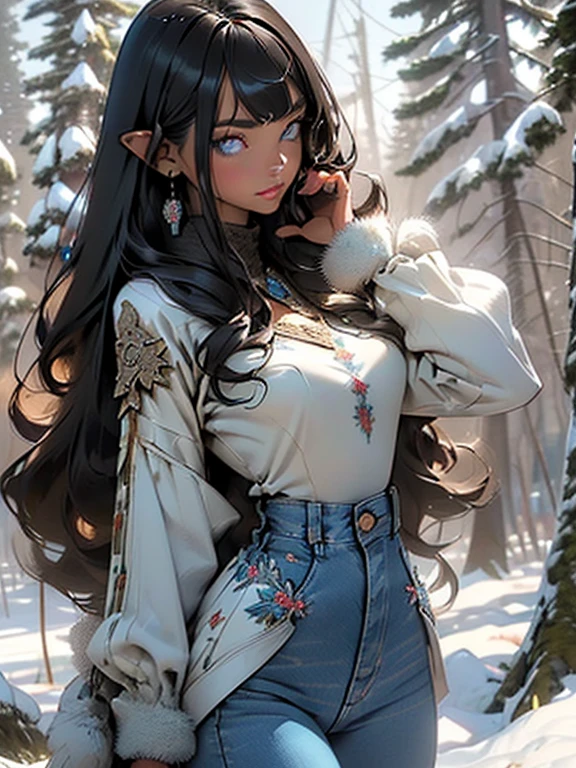 cute elf,,((())),((anime elf with extremely cute and beautiful black hair)),(((elf ears:1.2,pointed ears:1.2))),(((small breasts, slim waist, slender thighs))),((((black hair:1.35,((straight hair:1.3)),((very straight hair,very_long hair:1.5)),((The beauty of extra-long hair)),((Super Long Straight Hair)),((bangs)),colored inner hair,ear breathing)))),(((blue_eyes:1.3))),intricate eyes,beautiful detailed eyes,symmetrical eyes,big eyes:1.5,(((lustrous skin:1.5,bright skin: 1.5,skin tanned,illuminated skin))),(detailed body,(detailed face)),(((Sexy denim fur coat, denim fur coat outfit, wearing a denim fur coat:1.3,denim winter coat))),((((furry edge clothing)))),(((intricate outfit,intricate clothes,embroidered outfit,ornate outfit,embroidered clothes,ornate clothes))),(dynamic pose:1.0),(centered,scale to fit dimensions,Rule of thirds),((snowy pine forest)),winter,scenery:1.25,((intricate scenery)),((snow forest background)),(Glossy winter ornaments),highres,sharp focus,(ultra detailed,extremely detailed),(((vibrant colors,vibrant theme))),(intricate),(masterpiece),(best quality),artistic photography,(photography taken by sldr),(intricate background),perfect rendered face,perfect face details,realistic face,((intricate detail)),(((realism))),