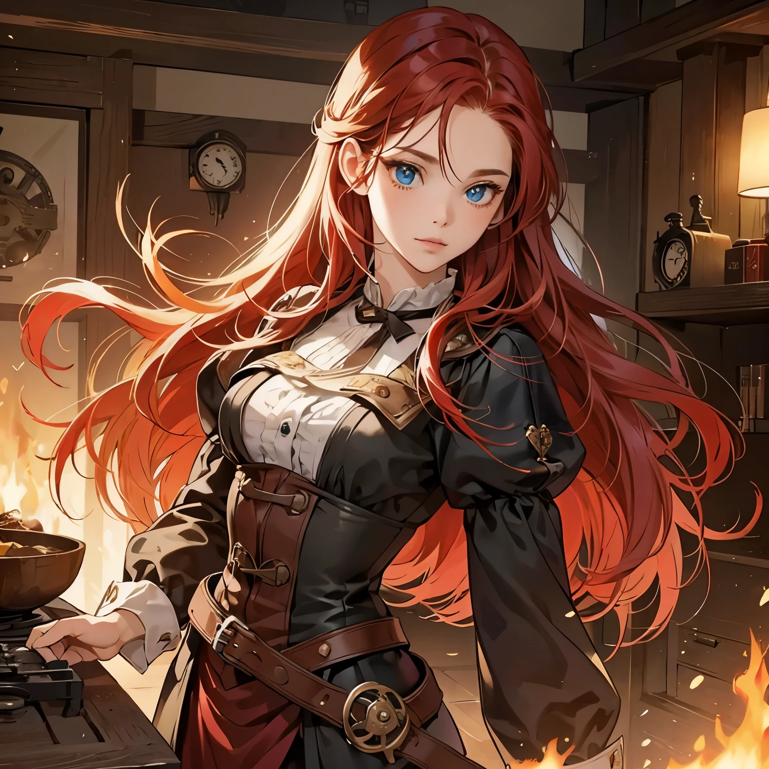 just right，I'll generate a suitable prompt for you：

"redheaded girl,blue eyes,steampunk clothing,illustrations,(best quality,ultra-detailed,vivid colors:1.2),portrait,warm color tones,long flowing red hair,room setting"

Hopefully, this prompt will help you generate a high quality picture、Images full of detail and artistry。If you have other needs or topics，Feel free to let me know，I'll generate the corresponding prompt for you。