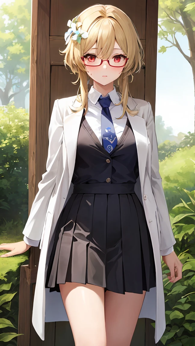 1girl, solo, luminedef, cleavage, (glowing red eyes)
BREAK (glasses, skirt, shirt, , white shirt, pleated skirt, glasses, collared shirt, black skirt, vest, red necktie, labcoat, (white labcoat:1.2), brown vest:1.2),
BREAK （perspire，Sweat a lot，Blushlush，Be red in the face，Blushlush），Stand at the door of the phone booth,arms behind back,
BREAK ball gown, in the garden of trees, wedding decorations, 
BREAK ((top quality, 8k, masterpiece: 1.3, ultra hd, high quality, best quality, high definition, realism)), sharp focus: 1.5, Beautiful woman with Slim body, (perfect hands, perfect anatomy),