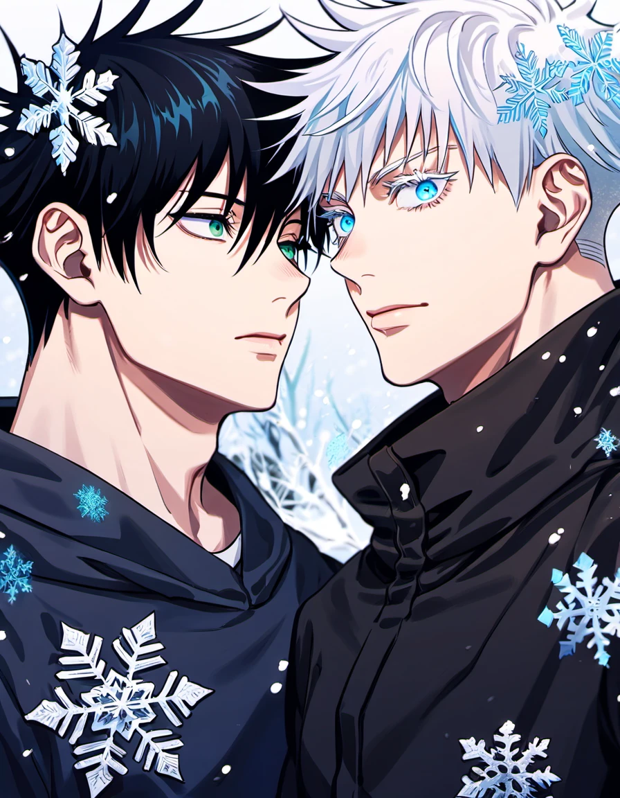Ultra detailed, Highres, absurdres, HDR, Gojou Satoru, blue eyes, white hair, Fushiguro Megumi, green eyes, black hair, Jujutsu Kaisen, snowing, snowflakes, ice forest, handsome, 2 men together, gay couple