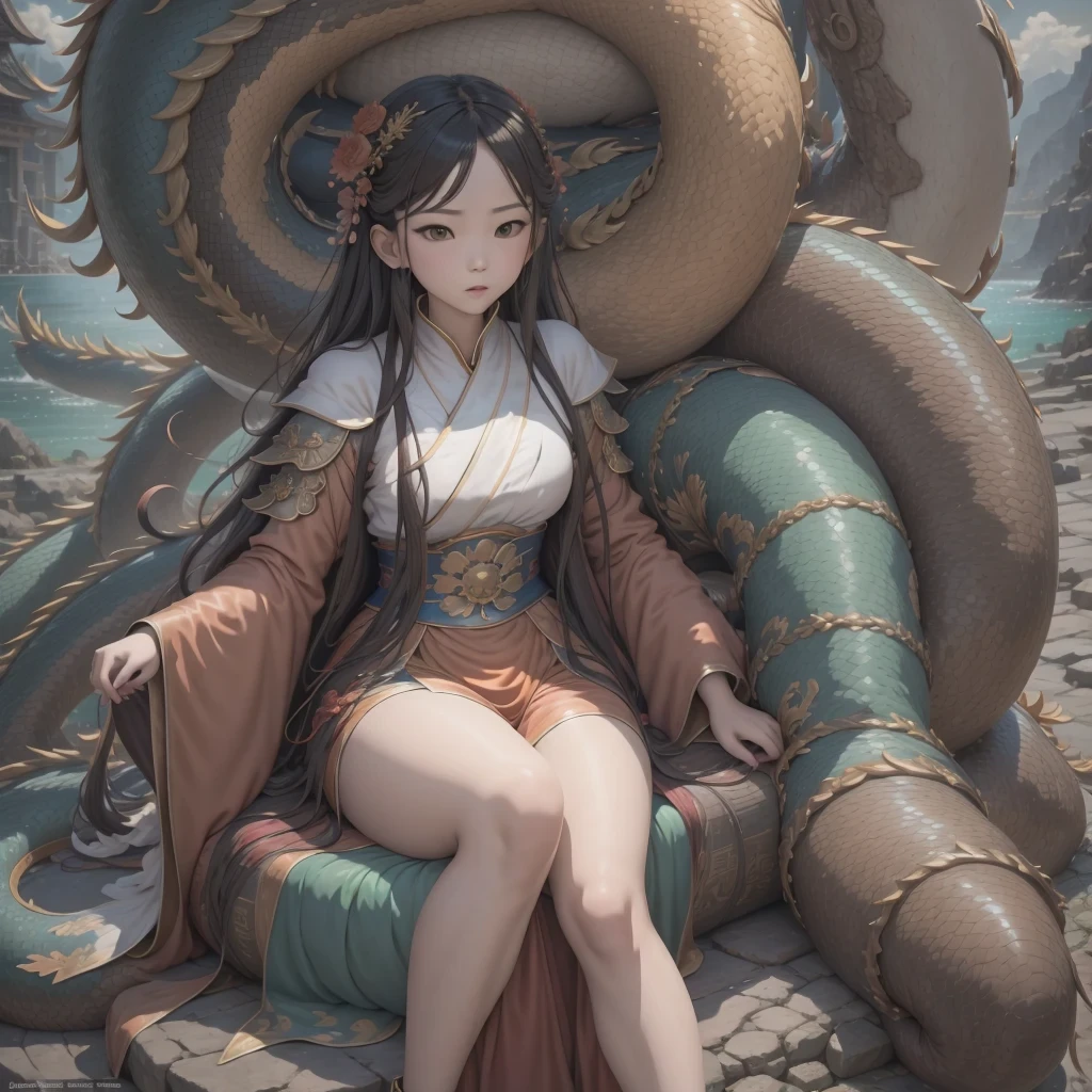  in bright orange chiffon dress sitting on a large 鹿角 statue, queen of the sea mu 奈斯 ling, cinematic, by Super Realism, the dragon girl portrait, Guan Xiaotong fantasy, wl op and ross winter rain, ross netflix drama and crossing, full body, Ross Costume 8k,Hanfujia and art germ, Horse-faced skirt and f international star fan science fiction, 1girl, solo