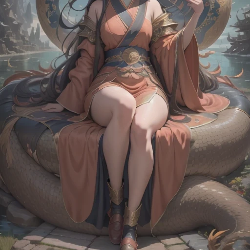  in bright orange chiffon dress sitting on a large 鹿角 statue, queen of the sea mu 奈斯 ling, cinematic, by Super Realism, the dragon girl portrait, Guan Xiaotong fantasy, wl op and ross winter rain, ross netflix drama and crossing, full body, Ross Costume 8k,Hanfujia and art germ, Horse-faced skirt and f international star fan science fiction, 1girl, solo