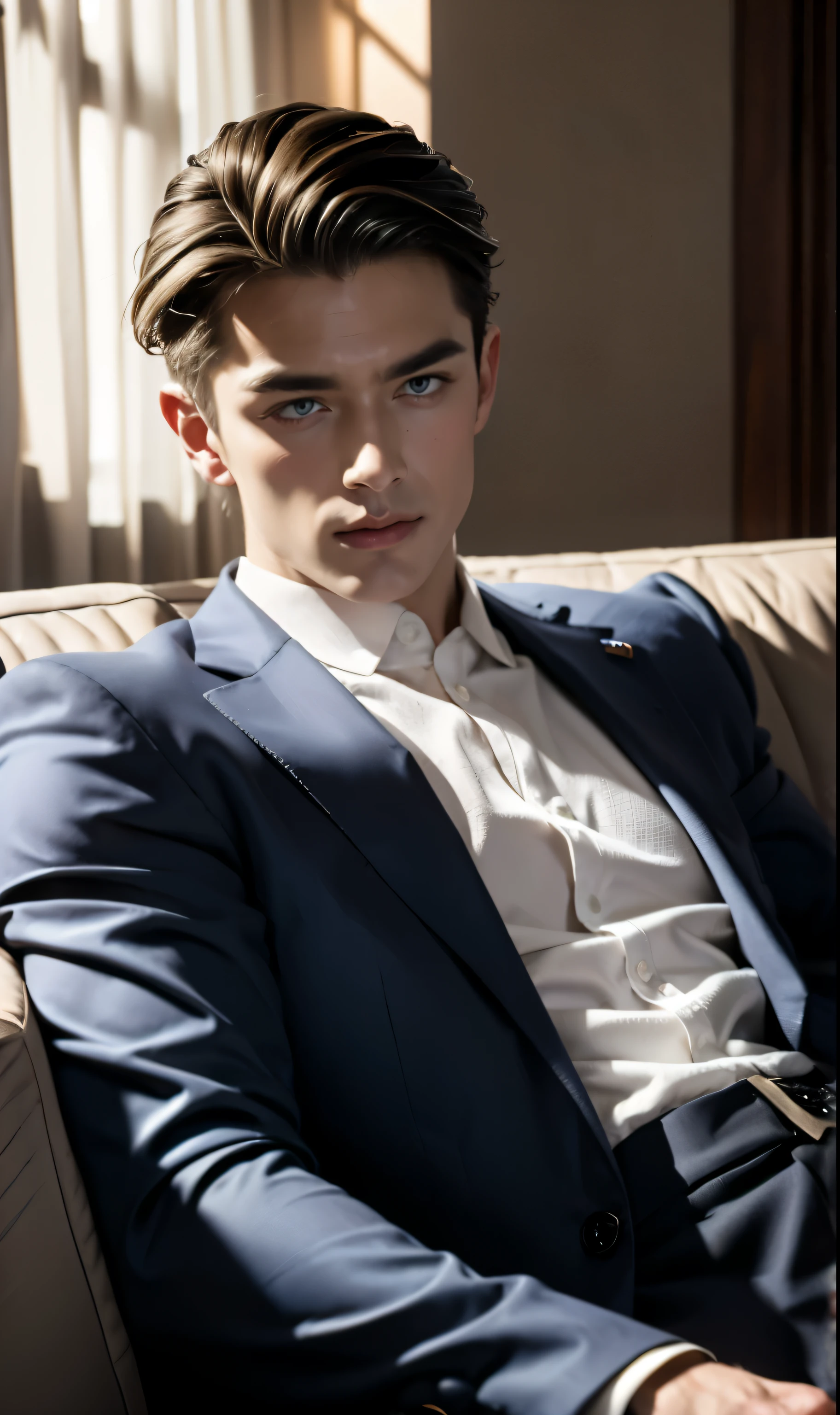 A man wear suit, muscle, well-built body, blue color eyes, sharp eyebrows, side part hairstyle, short hair, dutch angle, sitting on a couch, indoor, looking at viewer, realistic, 32k uhd, masterpiece, ultra high, 