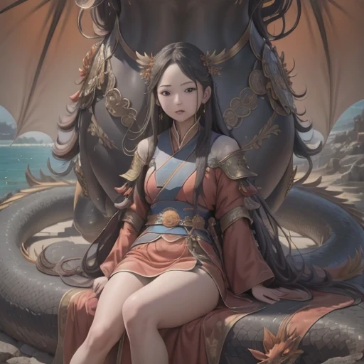 Middle school student in bright orange chiffon dress sitting on a large 鹿角 statue, queen of the sea mu 奈斯 ling, cinematic, by Super Realism, the dragon girl portrait, Guan Xiaotong fantasy, wl op and ross winter rain, ross netflix drama and crossing, full body, Ross Costume 8k,Hanfujia and art germ, Horse-faced skirt and f international star fan science fiction, 1girl, solo