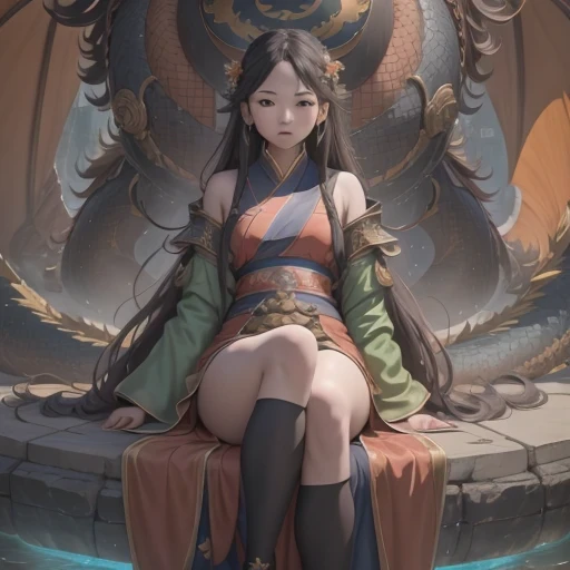 in bright orange chiffon dress sitting on a large 鹿角 statue, queen of the sea mu 奈斯 ling, cinematic, by Super Realism, the dragon girl portrait, Guan Xiaotong fantasy, wl op and ross winter rain, ross netflix drama and crossing, full body, Ross Costume 8k,Hanfujia and art germ, Horse-faced skirt and f international star fan science fiction, 1girl, solo