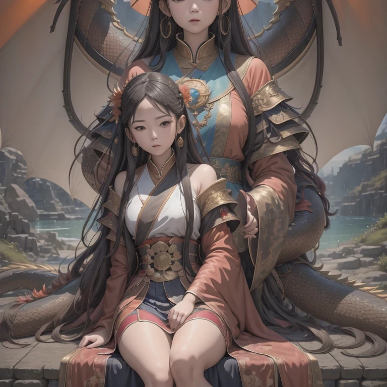 in bright orange chiffon dress sitting on a large 鹿角 statue, queen of the sea mu 奈斯 ling, cinematic, by Super Realism, the dragon girl portrait, Guan Xiaotong fantasy, wl op and ross winter rain, ross netflix drama and crossing, full body, Ross Costume 8k,Hanfujia and art germ, Horse-faced skirt and f international star fan science fiction, 1girl, solo