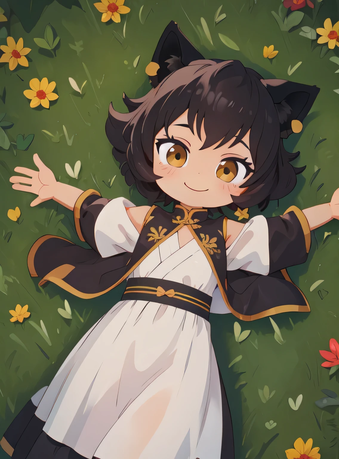 8k, highly detailed, mature female,
kali belladonna, ((chibi)),
prom dress,
 solo, on back, on grass, spread arms, closed mouth, smile, cowboy shot, 