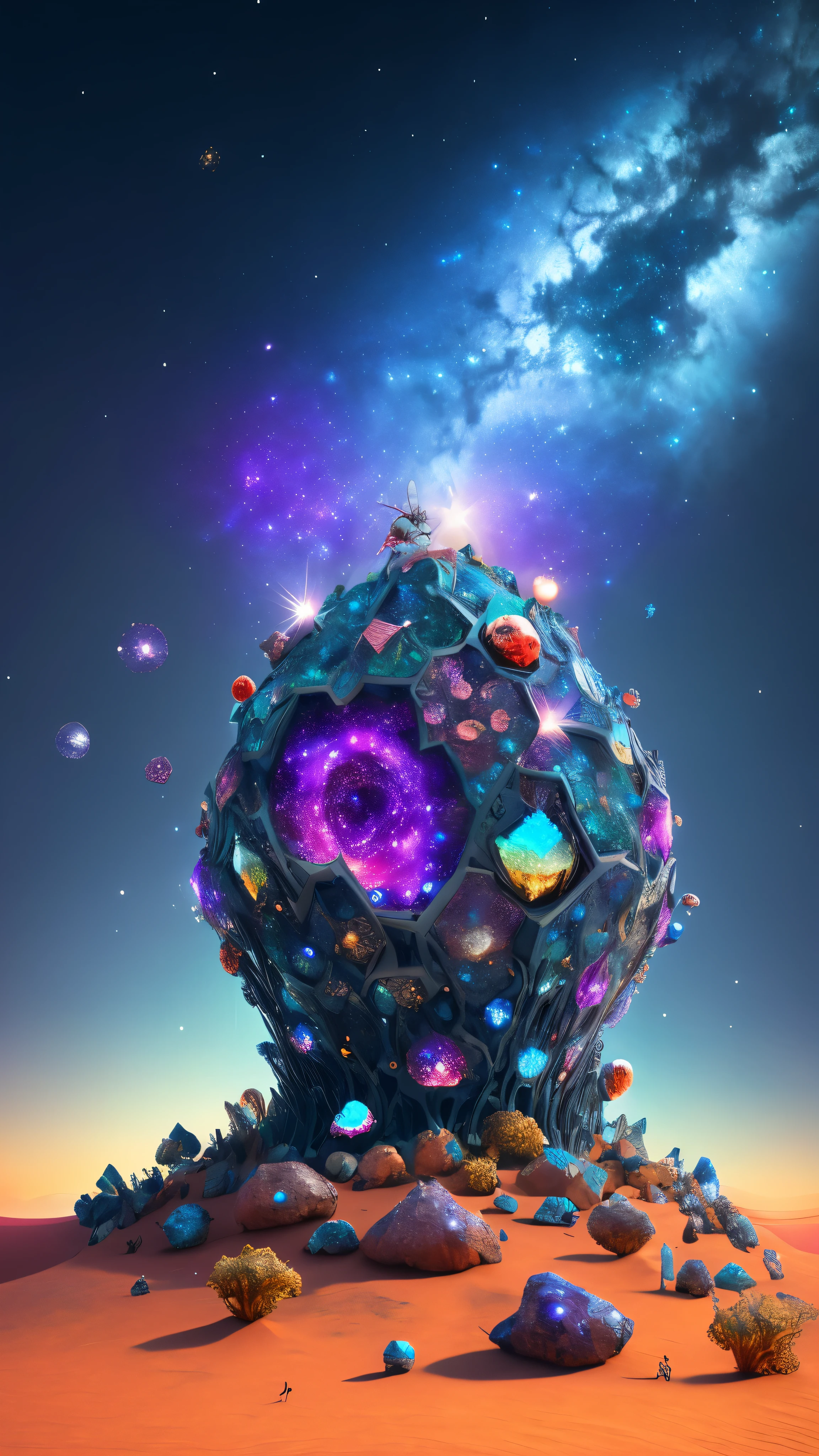 In the heart of the cosmos, an intricately designed ant hill of the Sagittarius constellation shines brightly against the backdrop of the vast universe. The ant hill is adorned with an array of colorful crystals, each one reflecting a unique hue of starlight. As one looks closer, visual effects of shimmering lights and subtle movements can be noticed, adding a magical allure to the scene. This enchanting spectacle unfolds in high definition (HD), with every detail rendered in stunning clarity through the process of 4k upscaling. The 3D representation of the ant hill in high dynamic range (HDR) allows for a more immersive