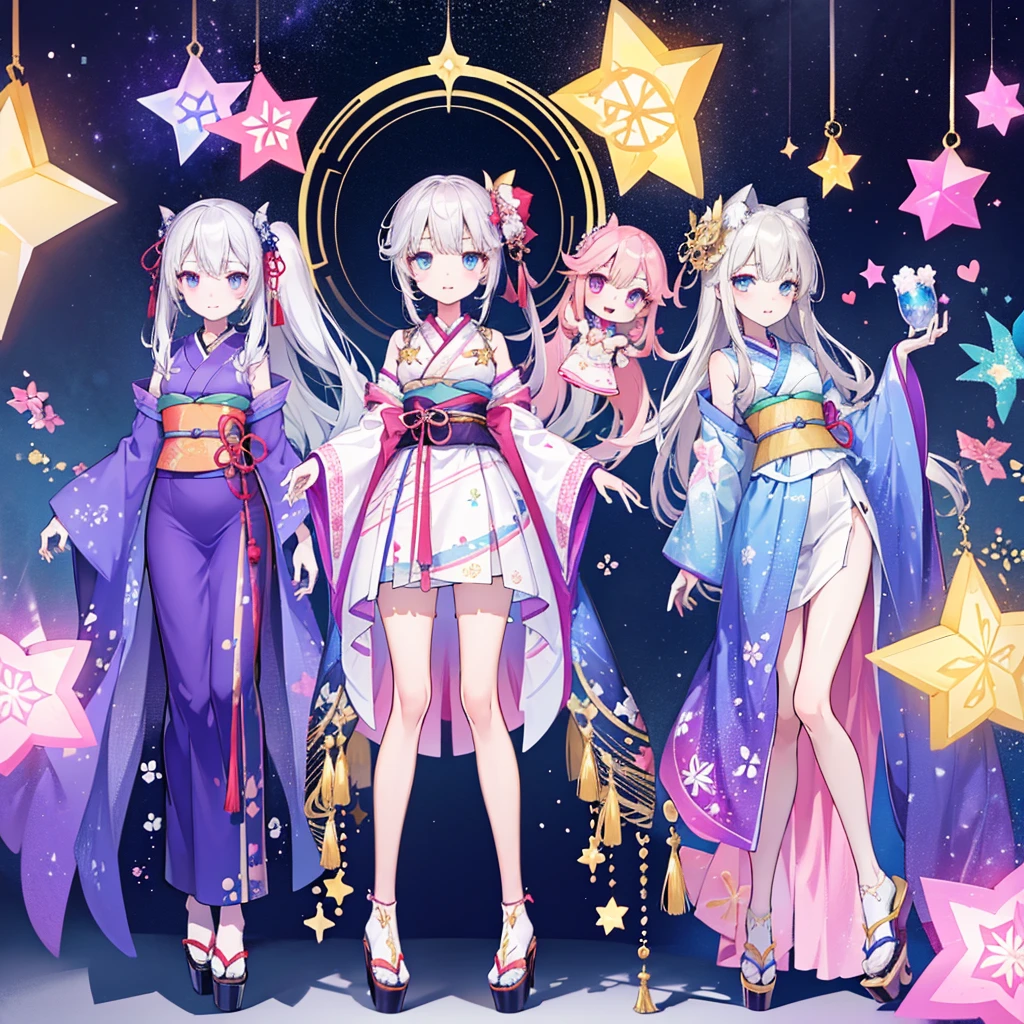 vtuber-fullbody、Star Fairy、「A girl wearing a beautifully printed kimono with a galaxy-like pattern、Front full body portrait、enchanting eyes、Perfect and stunning face、exquisite details、clear image、highest quality。」