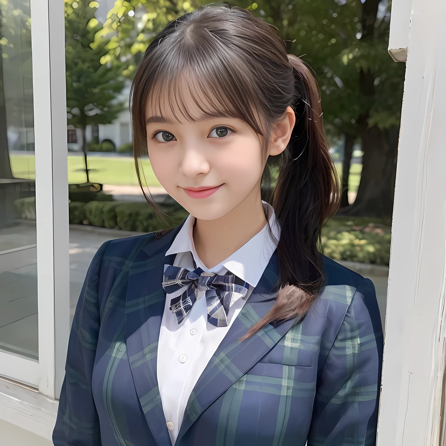 (highest quality、masterpiece:1.2)、highest quality、realistic、photograph、High resolution、1080p、8K、Pale, rough skin、The face is especially pale., physical rendering、((Height: 155cm)), one Japanese girl、A 15-year-old siren who looks like a Japanese junior high school student, Portraits of beautiful girls painted by Renoir cover the walls. , , (((big very detailed beautiful dark brown eyes))), ((blue girly large wine-red glossy polyester Japanese school ribbon bow tie)), ((((very beautiful cute ponytail)))), ((((deep blue colored tartan checkered formal long pleated pleated skirt)))), ((A formal dark blue blazer that is slightly oversized and has an emblem on the left chest.)), (((Looking at the viewers with loving eyes, smiling))), ((((((Very happy)))))), mouth is open, The big skirt is very cute, detailed fingers, Slender body, ((curled bangs)), so beautiful, long eyelashes, ((Very big and very very very cute eyes of a Japanese girl)), ((large pupils)), double eyelids, The entire skirt is photographed, Very cute face, thin eyebrows, ((drooping eyes)), ((long eyelashes)), ((cute lovely lovely laughing laughing cheeks)), ((The pure white light hits her face from the front, making her skin and eyes shine beautifully.)), (((((Very neat and so beautiful))))), shot from the side, ((idol face)), ((The sun is shining on my cheeks))