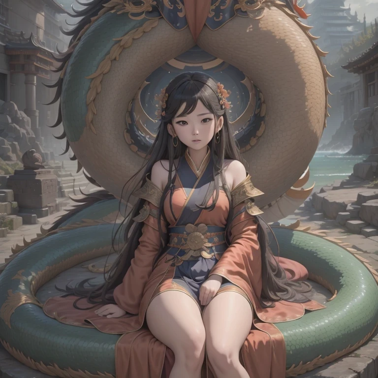  in bright orange chiffon dress sitting on a large 鹿角 statue, queen of the sea mu 奈斯 ling, cinematic, by Super Realism, the dragon girl portrait, Guan Xiaotong fantasy, wl op and ross winter rain, ross netflix drama and crossing, full body, Ross Costume 8k,Hanfujia and art germ, Horse-faced skirt and f international star fan science fiction, 1girl, solo