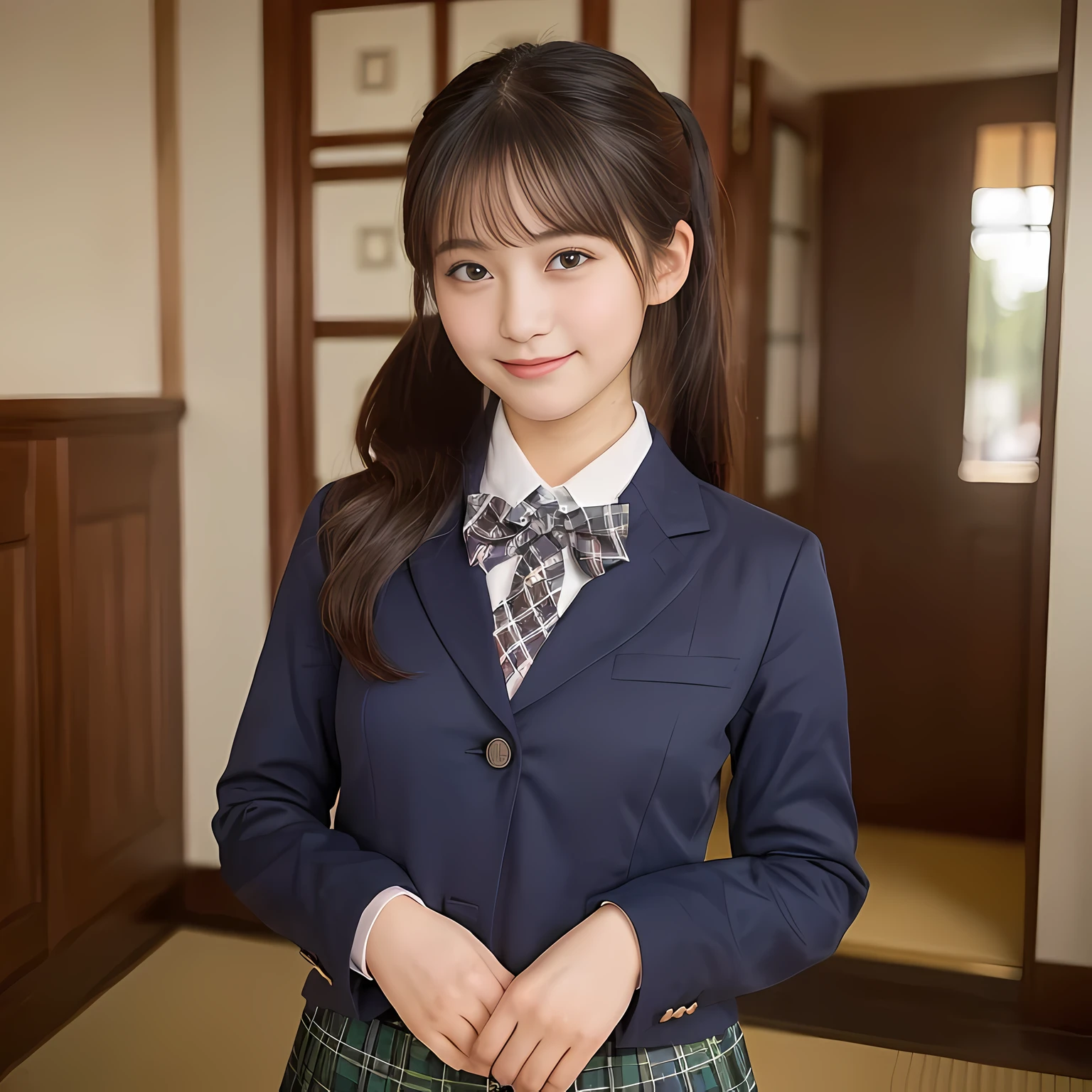 (highest quality、masterpiece:1.2)、highest quality、realistic、photograph、High resolution、1080p、8K、Pale, rough skin、The face is especially pale., physical rendering、((Height: 155cm)), one Japanese girl、A 15-year-old siren who looks like a Japanese junior high school student, A room with portraits of beautiful girls painted by Renoir plastered all over the walls , , (((big very detailed beautiful dark brown eyes))), ((blue girly large wine-red glossy polyester Japanese school ribbon bow tie)), ((((very beautiful cute ponytail)))), ((((deep blue colored tartan checkered formal long pleated pleated skirt)))), ((A formal dark blue blazer that is slightly oversized and has an emblem on the left chest.)), (((Looking at the viewers with loving eyes, smiling))), ((((((Very happy)))))), mouth is open, The big skirt is very cute, detailed fingers, Slender body, ((curled bangs)), so beautiful, long eyelashes, ((Very big and very very very cute eyes of a Japanese girl)), ((large pupils)), double eyelids, The entire skirt is photographed, Very cute face, thin eyebrows, ((drooping eyes)), ((long eyelashes)), ((cute lovely lovely laughing laughing cheeks)), ((The pure white light hits her face from the front, making her skin and eyes shine beautifully.)), (((((Very neat and so beautiful))))), shot from the side, ((idol face)), ((The sun is shining on my cheeks))