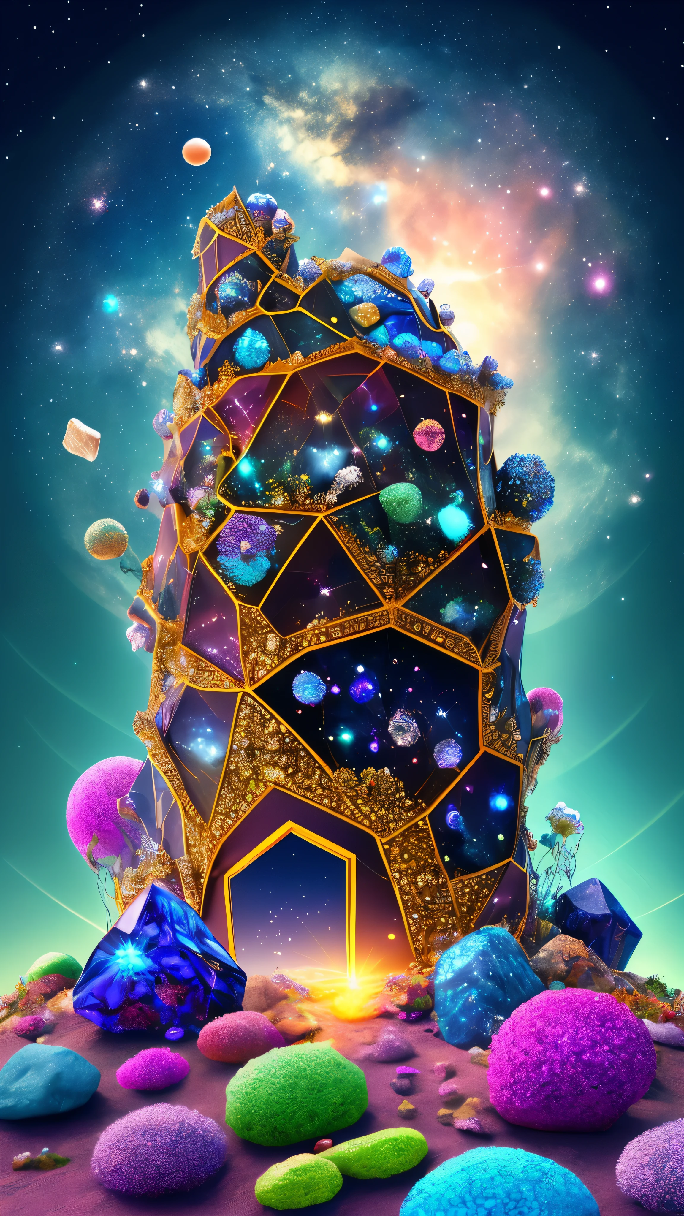 In the heart of the cosmos, an intricately designed ant hill of the Sagittarius constellation shines brightly against the backdrop of the vast universe. The ant hill is adorned with an array of colorful crystals, each one reflecting a unique hue of starlight. As one looks closer, visual effects of shimmering lights and subtle movements can be noticed, adding a magical allure to the scene. This enchanting spectacle unfolds in high definition (HD), with every detail rendered in stunning clarity through the process of 4k upscaling. The 3D representation of the ant hill in high dynamic range (HDR) allows for a more immersive