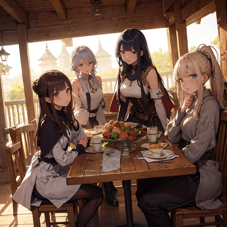 A group of female medieval fantasy adventurers, (in tavern), various hair styles, harem, night, details face, short skirt, seducing, sleeveless, armor