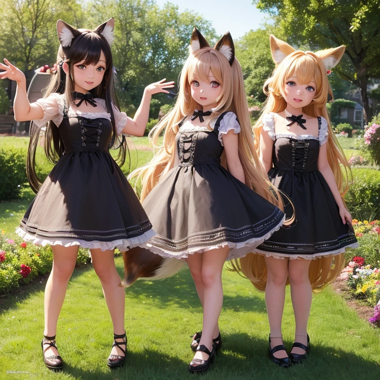 beautiful detailed eyes, cute dresses, playful poses, sunny garden, blooming flowers, vibrant colors, soft lighting, digital painting, high-res, HDR 2 girls, twins , black long hair, height long hair fox ears, fox tails, 18 year old sisters