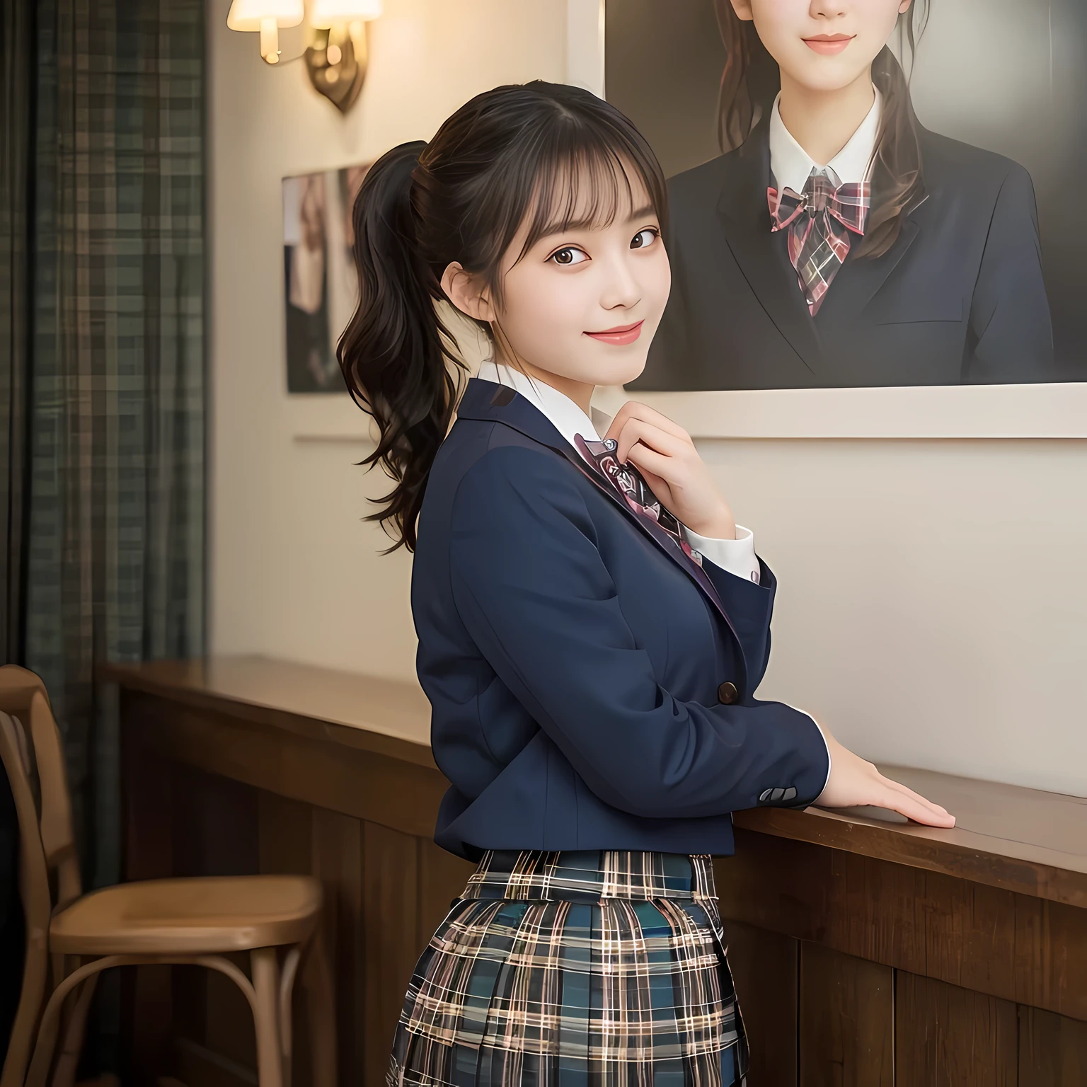 (highest quality、masterpiece:1.2)、highest quality、realistic、photograph、High resolution、1080p、8K、Pale, rough skin、The face is especially pale., physical rendering、((Height: 155cm)), one Japanese girl、A -yeld si who looks like a Japanese junior hiwith portraits of beautiful girls painted by Renoir plastered all over the walls  , , (((big very detailed beautiful dark brown eyes))), ((blue girly large wine-red glossy polyester Japanese school ribbon bow tie)), ((((very beautiful cute ponytail)))), ((((deep blue colored tartan checkered formal long pleated pleated skirt)))), ((A formal dark blue blazer that is slightly oversized and has an emblem on the left chest.)), (((Looking at the viewers with loving eyes, smiling))), ((((((Very happy)))))), mouth is open, The big skirt is very cute, detailed fingers, Slender body, ((curled bangs)), so beautiful, long eyelashes, ((Very big and very very very cute eyes of a Japanese girl)), ((large pupils)), double eyelids, The entire skirt is photographed, Very cute face, thin eyebrows, ((drooping eyes)), ((long eyelashes)), ((cute lovely lovely laughing laughing cheeks)), ((The pure white light hits her face from the front, making her skin and eyes shine beautifully.)), (((((Very neat and so beautiful))))), shot from the side, ((idol face)), ((The sun is shining on my cheeks))