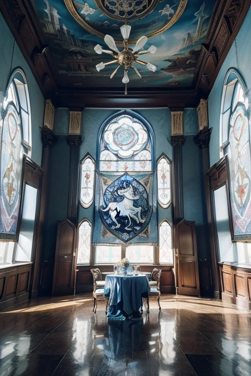 Luxurious room Everything around is richly decorated, Tapestries of blue and white colors hang on the walls,  In the center is the coat of arms from a unicorn, rearing up. There are stained-glass windows on the windows and beautiful images. A solemn and majestic atmosphere, luxury, wealth, grandeur, power