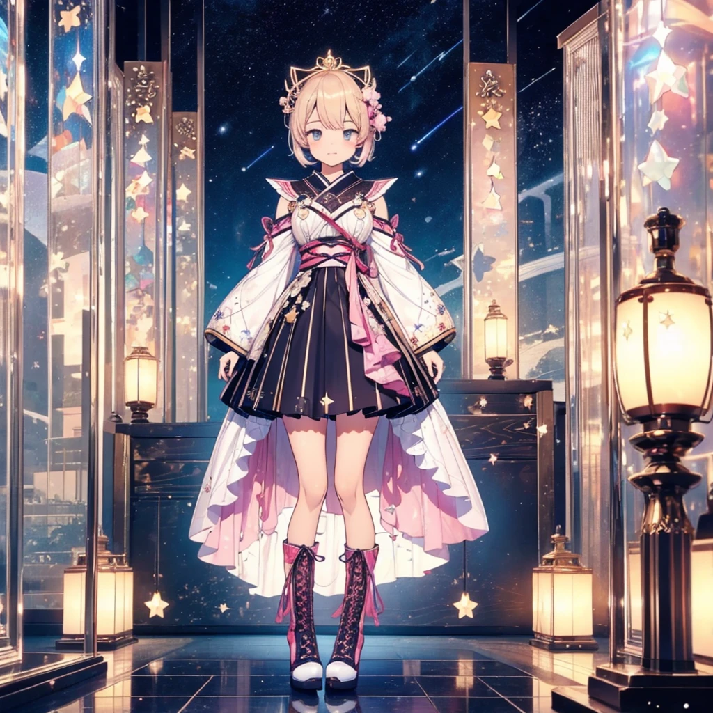 1girl、vtuber-fullbody、Star Fairy、masterpiece、official art、Super detailed、super beautiful、かわいいStar Fairy、white straight short hair、Milky Way、universe、star charm、star、、Knee-high boots、Japanese pattern dress、着物をリメイクしたOiranフリルゴスロリ、universeを表現したMilky Way柄Oiranフリルドレス、Oiran