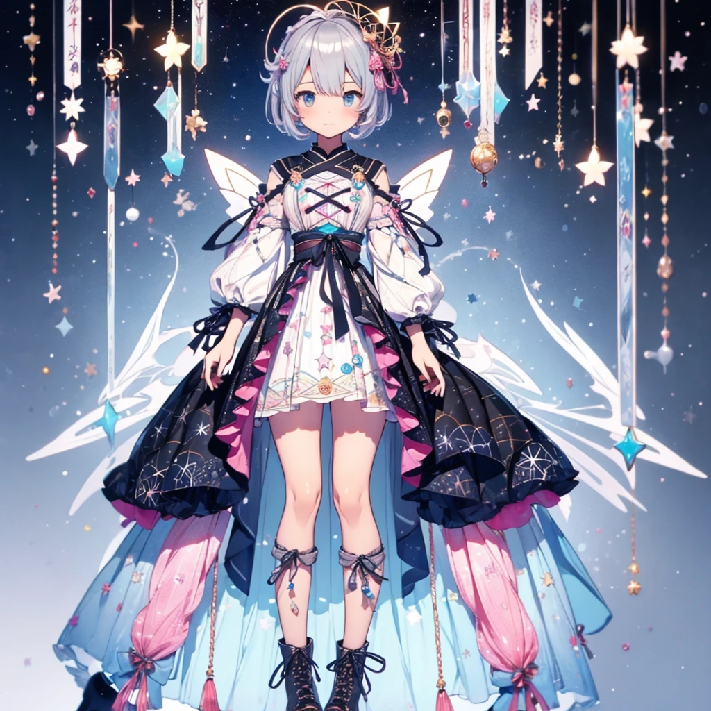 1girl、vtuber-fullbody、Star Fairy、masterpiece、official art、Super detailed、super beautiful、かわいいStar Fairy、white straight short hair、Milky Way、universe、star charm、star、baby face、Knee-high boots、Japanese pattern dress、着物をリメイクしたOiranフリルゴスロリ、universeを表現したMilky Way柄Oiranフリルドレス、Oiran