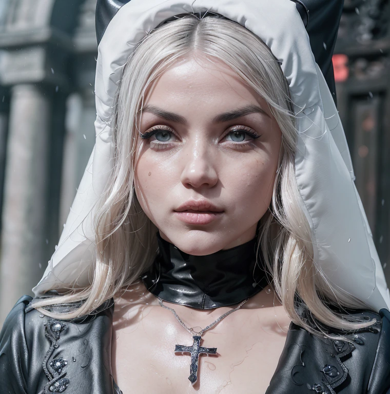 1 miniature Beautiful beautiful woman - Yuan Sayuki, ((top quality, 8K, Masterpiece:1.retty woman, 1 woman, huge breasts:1.3, a slim body:1.1, lush white Long hair, (shower, wet body, wet clothes:1.1), very detailed face, detailed lips, detailed eyes, double eyelids, Detailed blue eyes, чрезвычайно Detailed Outstanding Blue Eyes, short white wet hair, white wet hair, Detailed Outstanding Blue Eyes, innocent look at the viewer, very wet wavy white hair, Detailed Outstanding Blue Eyes, huge cross earrings, Outdoors, badges behind, gothic wedding uniform, sexy gothic style wedding dress with veil, bare chest, huge chest tattoo wearing a wreath, detailed huge earrings, chest tattoo, Outside - there are trees and a buddhist temple in the background, wear a silver cross (Detailed cross shape), reality mode, wet breasts, black necklace, black wedding dress and black veil, human crowd behind, head/forehead chain veil, black latex gloves, naked breasts, naked breasts, naked nipples, hair of white snowy colour, night time, red neon lights, demonic nun, horns