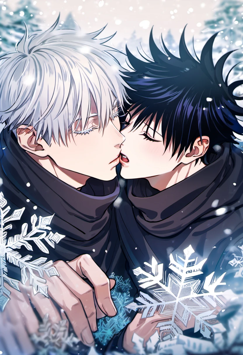 Ultra detailed, Highres, absurdres, HDR, Gojou Satoru, white hair, Fushiguro Megumi, black hair, closed eyes, Jujutsu Kaisen, snowing, snowflakes, ice forest, handsome, 2 men kissing, gay couple