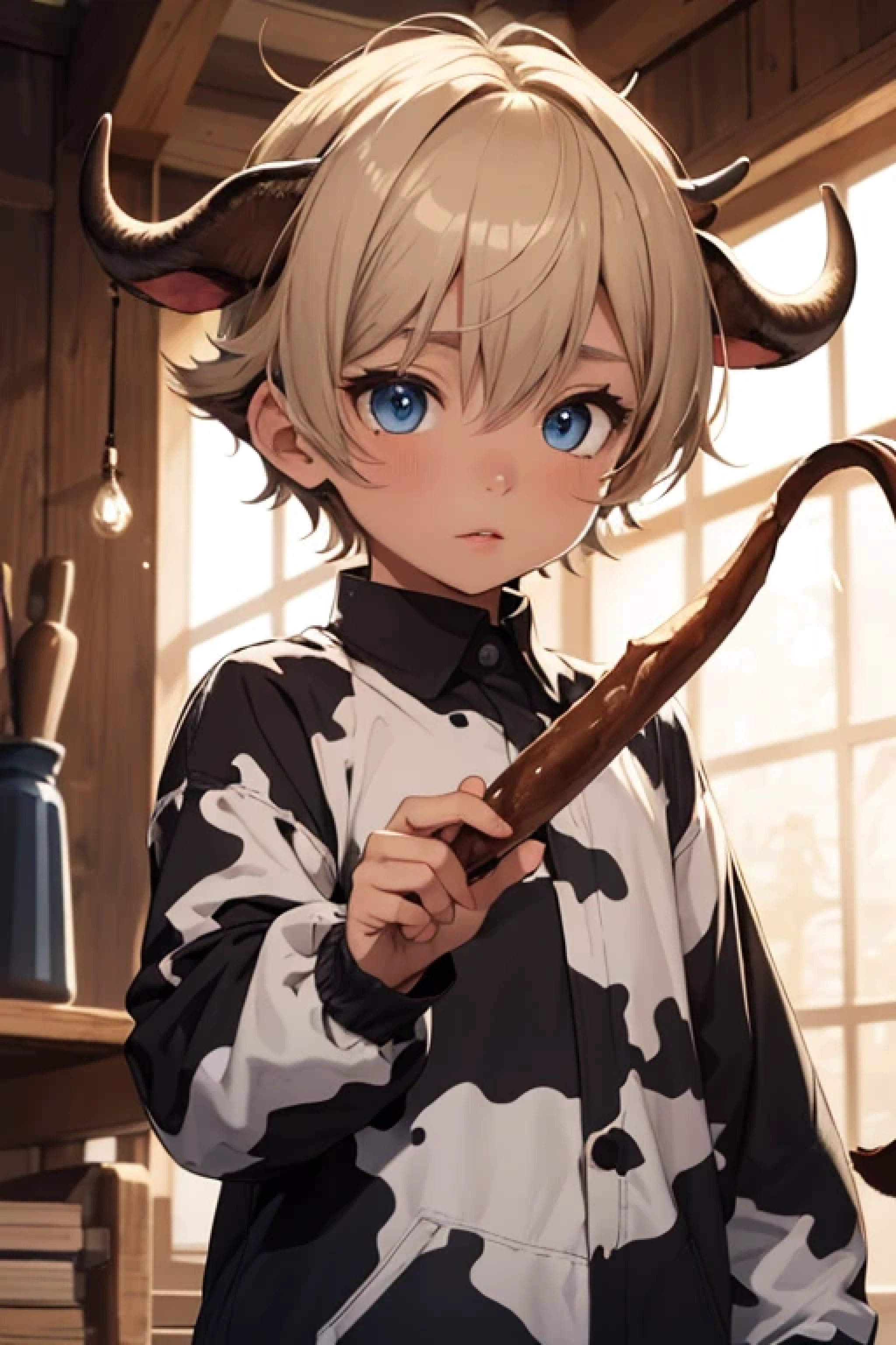 Little boy half cow cow ears cow horns brown skin blue eyes cow tail tusks light brown hair