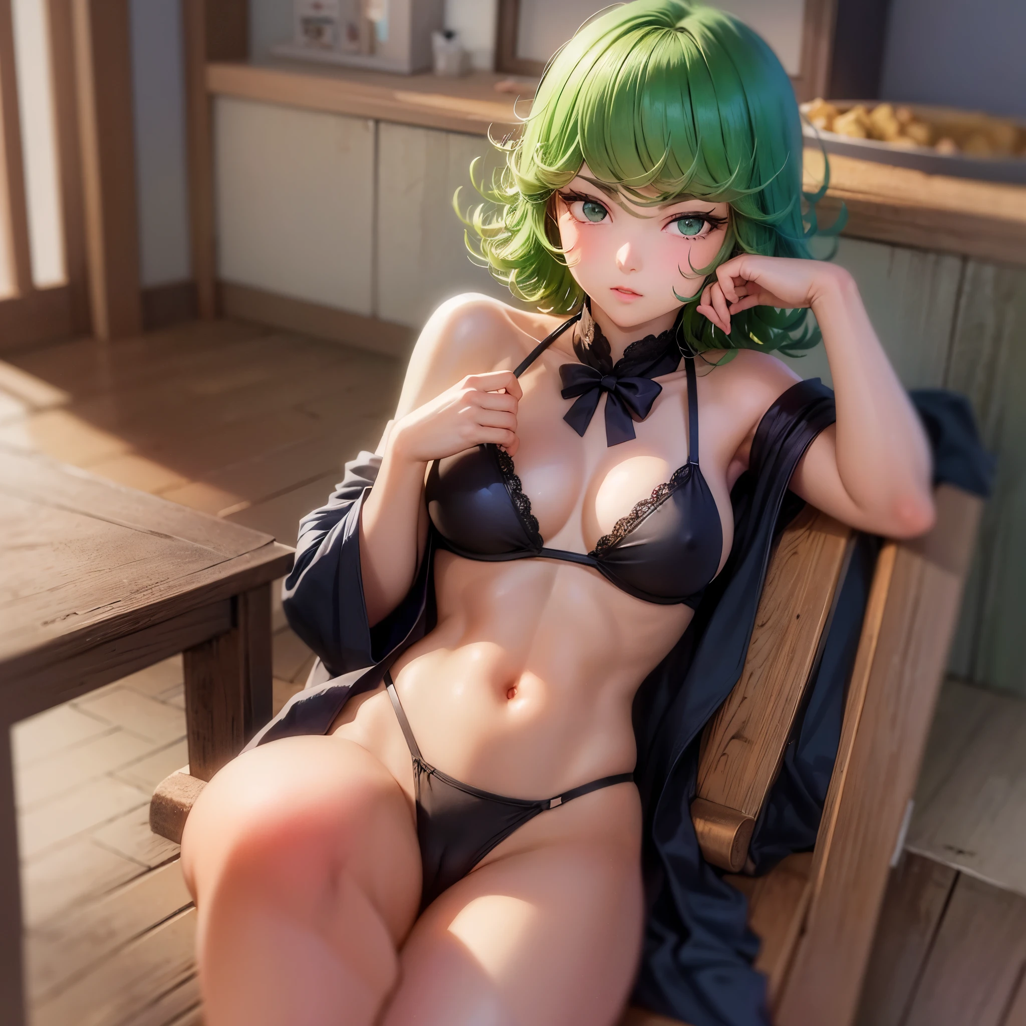 (masterpiece, best quality:1.2), solo, 1girl, tatsumaki, unamused, closed mouth, looking at viewer, hand on own face, sitting, crossed legs,black bikini