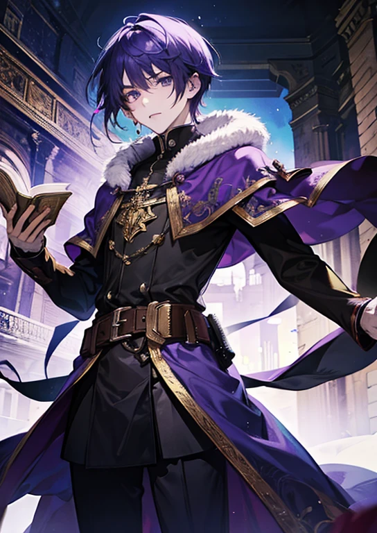1male, purple hair, adult, angry, Yellow colored eyes, handsome and beautiful face, a scholar, prince, calm, in library and reading a book, a noble during the medieval times, wearing dark colors, cold and distant demeanor, fantasy setting