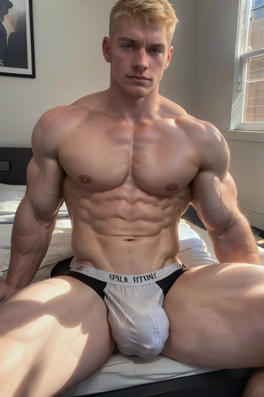 hot guy wrestler in a black underwear. pale skin, oiled up, blond, good lighting, very pale skin, light skin, black briefs sitting on bedroom floor, body shot, wrestler build, bulge print, hot guy, mature face, irish, fully clothed, buff, erotic