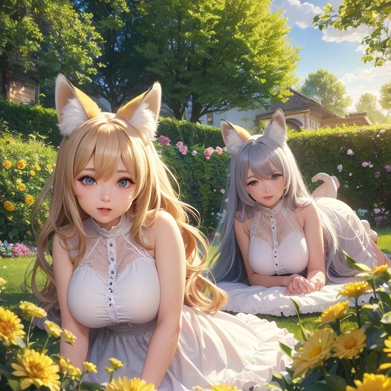 (masterpiece:1.2, best quality), age difference, 3girls, 19yo, , 18yo, , , (small breast:1.5), green eyes, white hair, (big white fox ears), ginger hair, (big ginger fox earlack hair, (big black fox ears), (white transparent nightgown:), (black transparent nightgown:), (red transparent nightgown:1.4) ), (topless:1.2), naked breast, nipple, sitting on a bench in a park, hugging, blush, smile, shy, autumn, yellow and red leaves, sun rays, anime minimalist, watercolor
