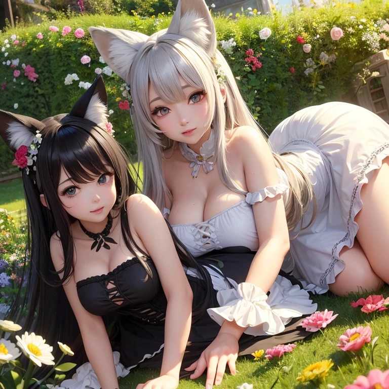beautiful detailed eyes, cute dresses, playful poses, sunny garden, blooming flowers, vibrant colors, soft lighting, digital painting, high-res, HDR 2 girls, twins , black long hair, white long hair fox ears, fox tails,18year old sisters