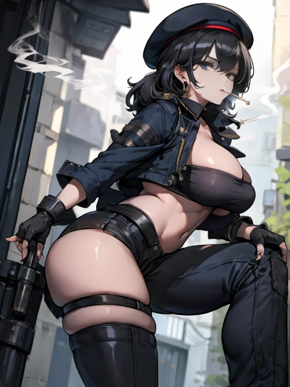 22 years old, (milf:0.8), (solo:1.5), (sfw:1.25), cute breast, beautiful breasts, medium tits, thin waist, big ass:1.0, Raised sexy, (beret, black jacket, open clothes, cleavage, midriff, black shorts, black thighhighs, thigh strap, fingerless gloves, single glove:1.2), blue eyes, light smile, big , Revimpling fabric, earrings, Hand gloves, detailed face,(smoking:1.3),long hair,side ponytail,hair between eyes,bangs,detailed and beautiful eyes,beautiful detailed lips,Rolling her eyes,manner,hair over one eye, (ultra high resolution, 8K RAW photo, photo realistics, thin outline:1.3, clear focus), best qualtiy, natural lighting, textile shading, blurry back ground, field depth, (Bright pupils, fine detailed beautiful eyes with highlight:1.3, high detailed face), Red lip, fine realistic skins:1.1, looking down viewers:1.3, (dynamic angle:1.3, front view:1.1, breast focus:1.3, from below:1.2), (dynamic posing:1.5, sexy posing:1.2),Youghal, side lock, hair ornaments, hair band,nice,garden background,artistic rendering,Super detailed,(highest quality,4k,8K,High resolution,masterpiece:1.2),Bright colors,studio lighting