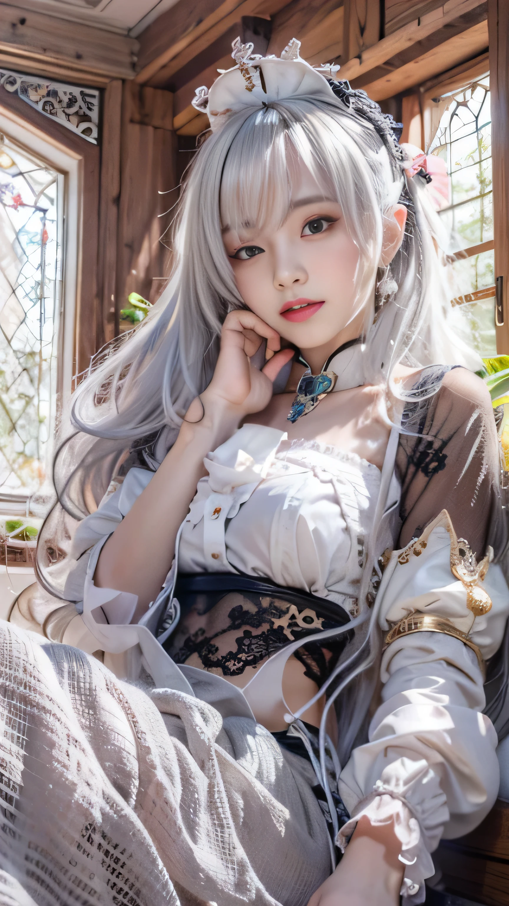 （woman lying on bed）realistic, High resolution, 1 female, alone, raise one&#39;s hips high, view viewer, (detailed face), （gray hair）, long hair, （(Maid clothes)）, jewelry、（off shoulder）（（Black lace panties visible））（（close your eyes））、（sexy pose）