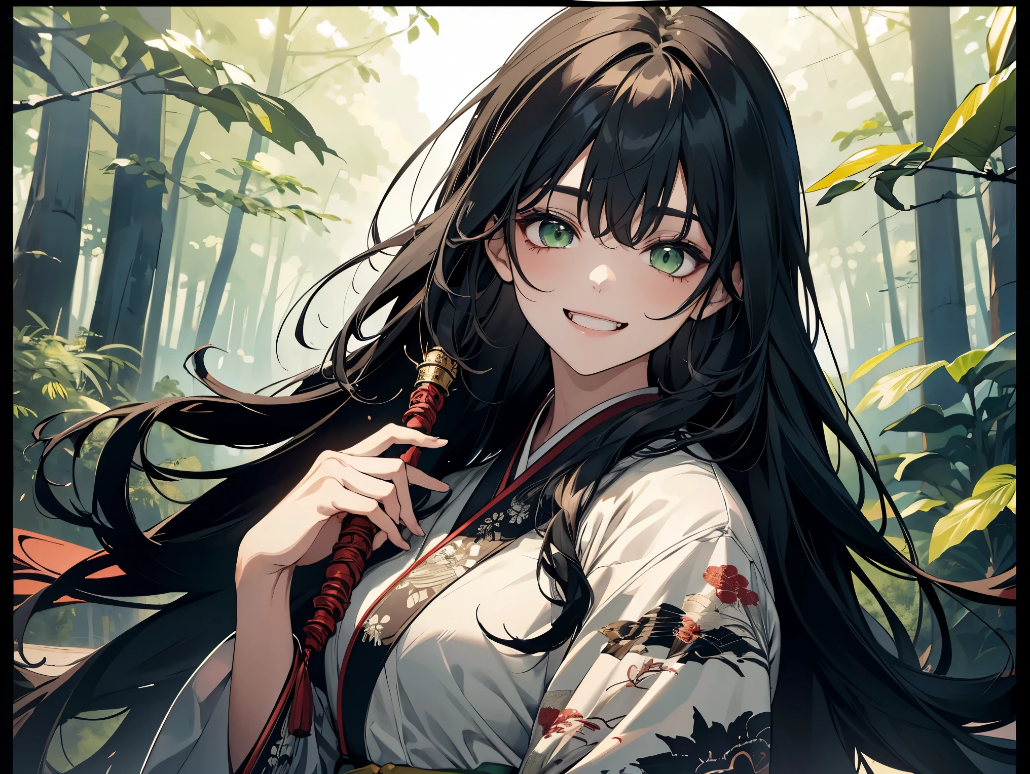 1female, a teenager, wearing black and white kimono, black hair, long hair, green eyes, face to detail, detailed eyes, the background is a calming forest in china, holding strings from spiders, laughing and having a good time