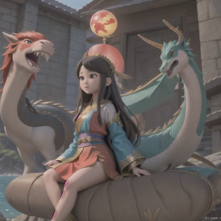 Middle school student in bright orange chiffon dress sitting on a large 鹿角 statue, queen of the sea mu 奈斯 ling, cinematic, by Super Realism, the dragon girl portrait, Guan Xiaotong fantasy, wl op and ross winter rain, ross netflix drama and crossing, full body, Ross Costume 8k,Hanfujia and art germ, Horse-faced skirt and f international star fan science fiction, 1girl, solo