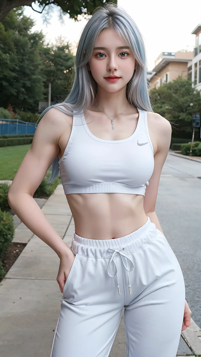 1 Girl, Beautiful, Baby Face, 20 Years Old, White Skin, Colossal Chest, Sexy Pose, ((Extreme White Sleeveless , sport pants)), midriff, Blue Eye, Muscles, Bokeh, Modern Outdoor, Pastel Colour, ((Silver Hair)), attractive, seductive, perfect waist, navel beautiful 