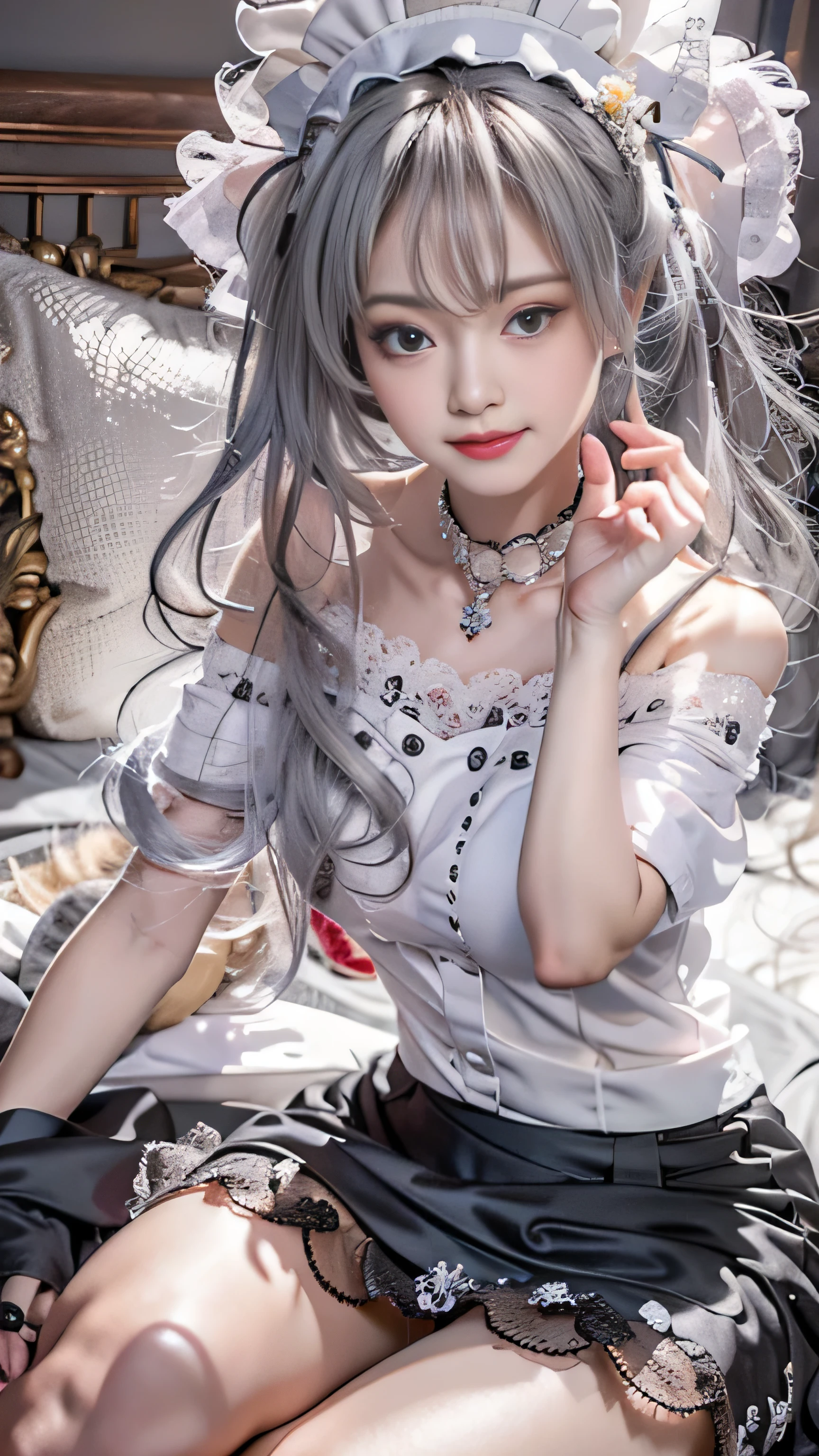 (woman lying on bed)realistic, High resolution, 1 female, alone, raise one's hips high, view viewer, (detailed face), (gray hair), long hair, ((Maid clothes)), jewelry、(off shoulder)((Black lace panties visible))((close your eyes))、(sexy pose)
