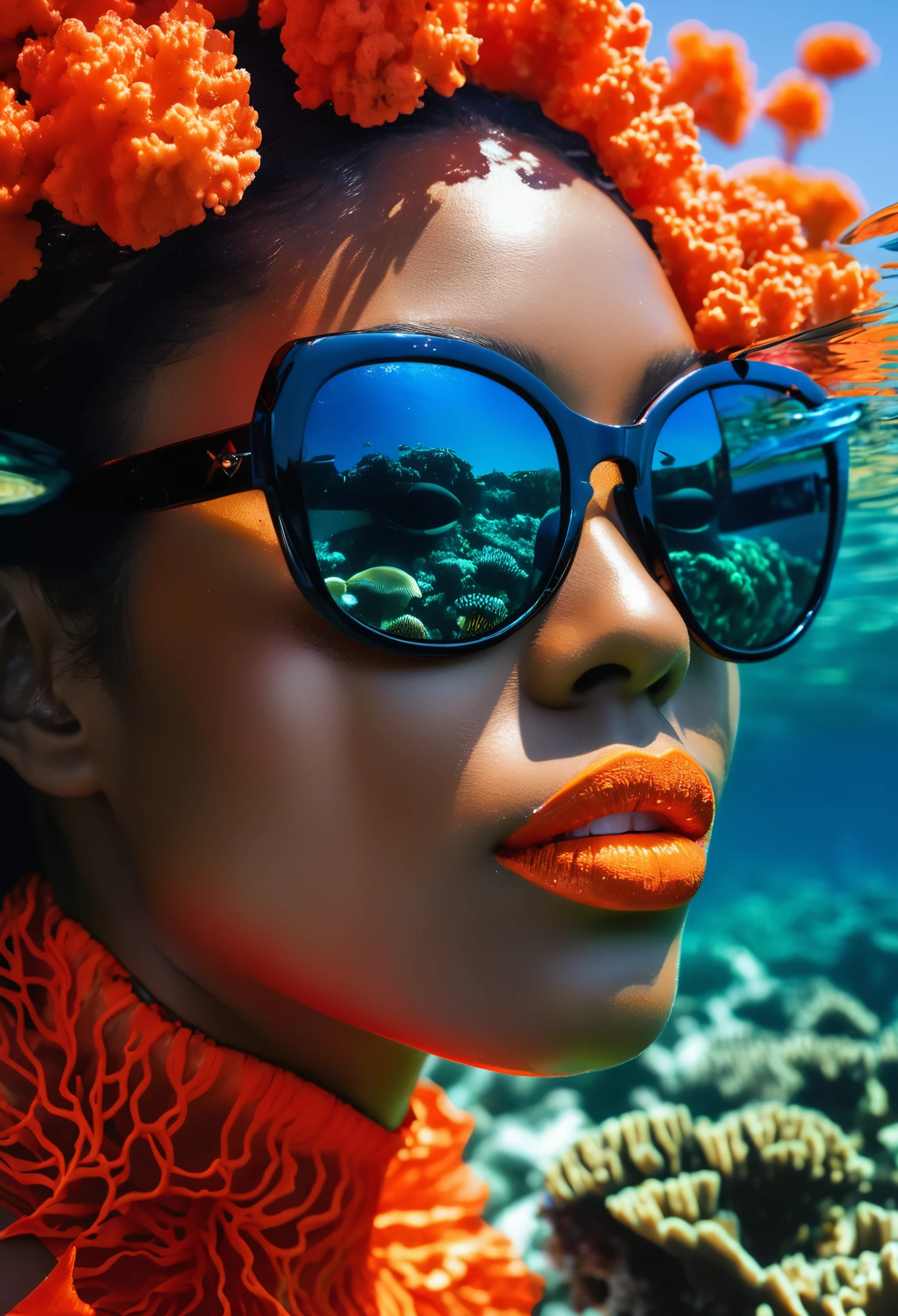 Close up shot Arafad image of a very beautiful black woman wearing black sunglasses with reflection of mandarinfishand coral reefs under the ocean reflecting in her black sunglasses, cosmic art fashion photography, In the red dream world, Portrait shoot, Inspired by Lan Ying, high fashion photography, Award-winning fashion photos, fine art portrait photography,  32k artistic portrait photography, fashion photography 