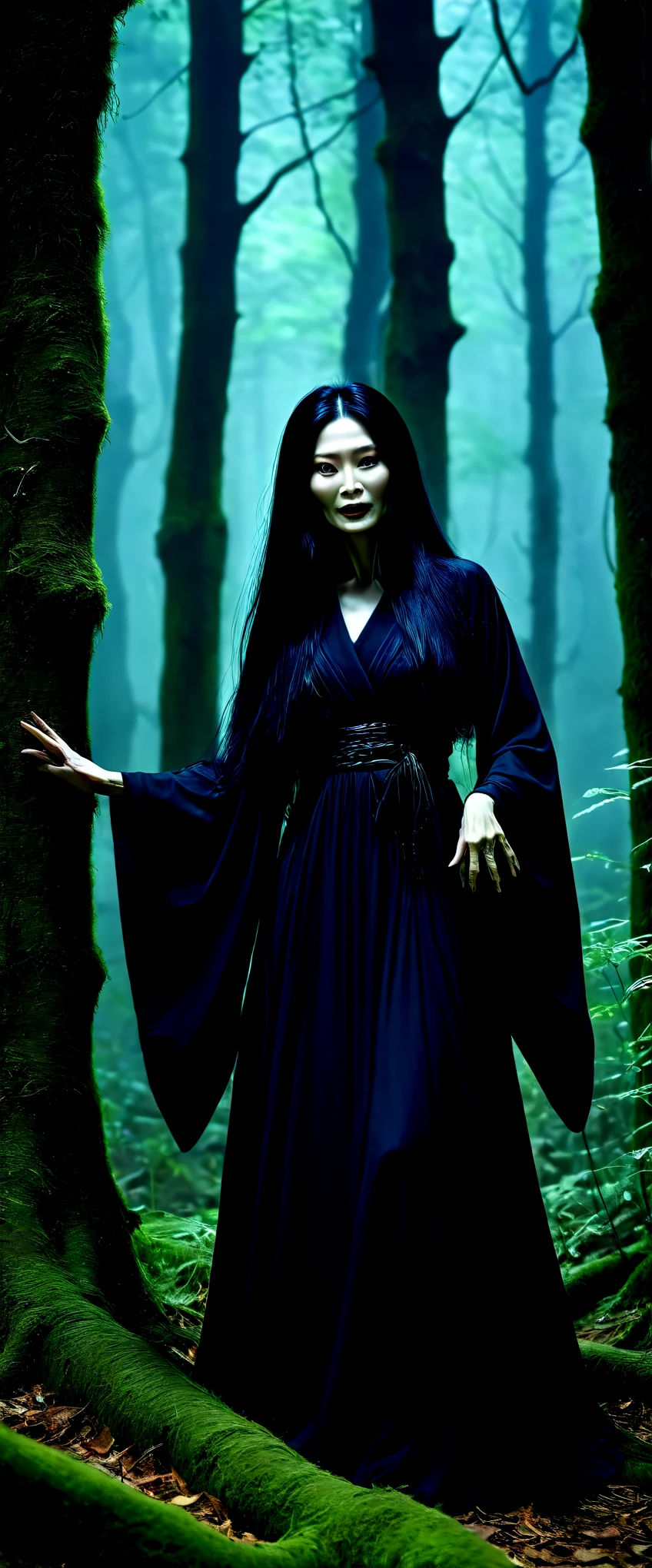 In the dark depths of the ancient forest、The villain appears。With long flowing black hair that reaches the ground、A 200-year-old witch unleashes sinister powers。Her hands have an eerie glow、Gives off an ominous aura。The deep wrinkles on her face attest to her age,、Those eyes are ferocious and wickedly strong.。The voluminous robe fits snugly around the skeleton&#39;s bone structure.、His bony fingers crackle with mystical energy.。The surrounding forest seems to be shaking with fear.、She is laughing like crazy