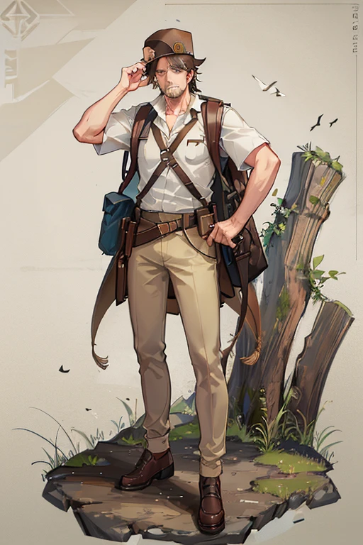 highest quality, High resolution,((masterpiece)), (((highest quality))), ((positive)), white background, black hair, Explorer, 50 year old man, Hat hat, brown vest, hand gun, Armband on arm, Japanese anime, game character, simple, Like Indiana Jones, rucksack