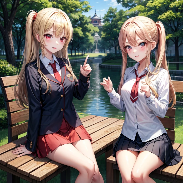 a blond、red eyes、Two pretty girls、animesque、student clothes、a miniskirt、a park、sitting on、the woods