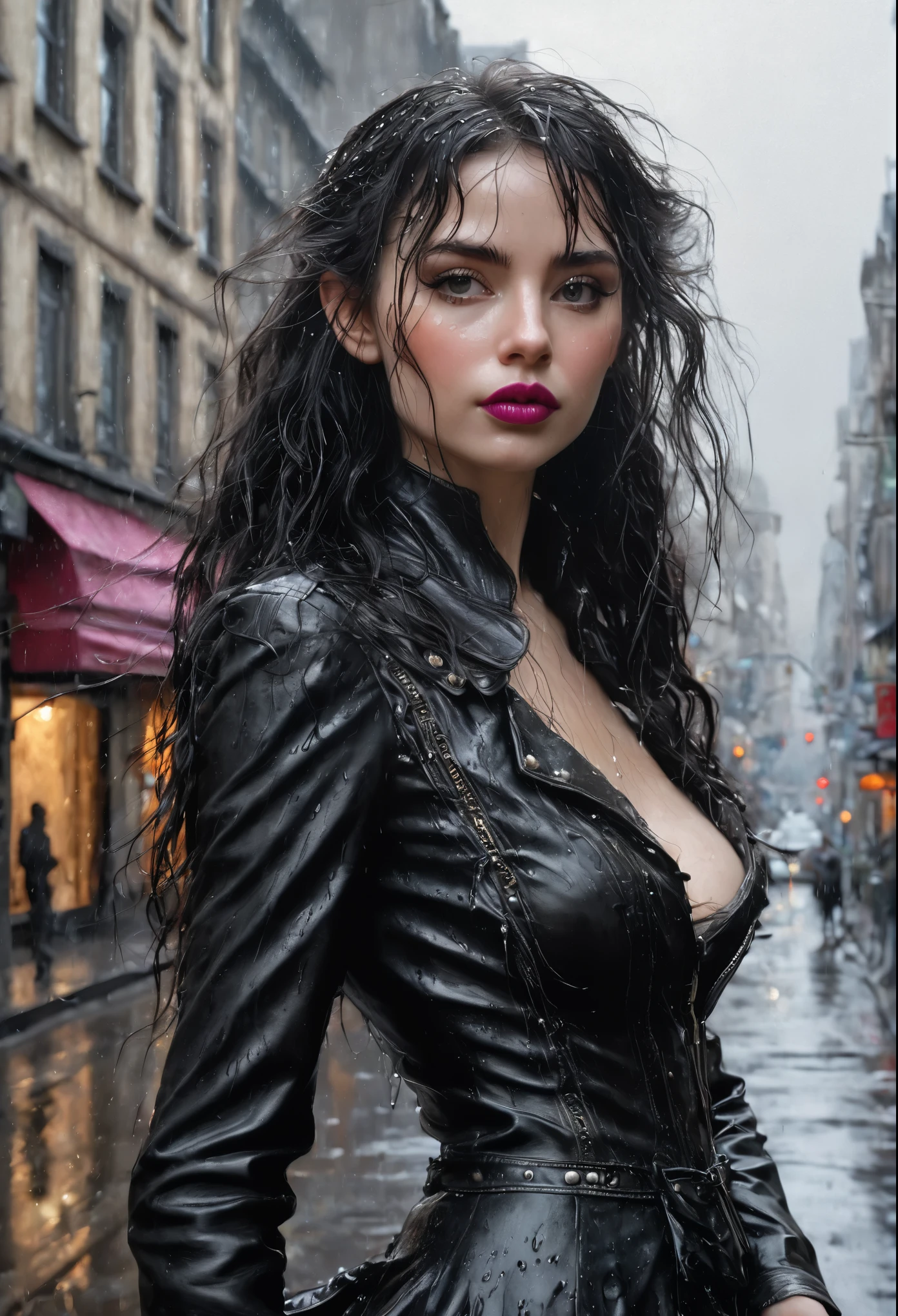 Realism, dark fantasy style, John Tolkien style, Small painting by Jean-Baptiste Monge, Soft facial features,Rocker Girl, Human Hand, Very clear, Without flaws, five fingers, with bright makeup, a little full, slight excess weight, Average height, dark pink lips, lip shape"bow" ,"Cool eyebrows in the shape of Angryburts, light gray eyes, almond-shaped eyes, looking at away, black long wavy hair, large strands of hair fluttering in the wind ,In a short dark leather fitted dress with a cutout....., predatory nature, Standing next to a motorcycle, rain is dripping, The city, megalopolis, city trail,NOhumans, big house, glass skyscraper Jean-Baptiste Monge, anthropomorphic --ar 2:3 --testp -optimistic;