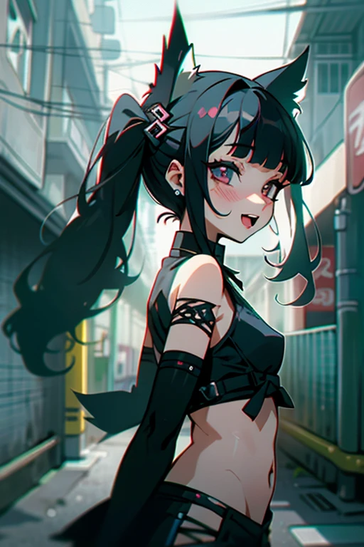 8k,wallpaper of extremely detailed CG unit, ​masterpiece,hight resolution,top-quality,top-quality real texture skin,hyper realisitic,increase the resolution,RAW photos,best qualtiy,highly detailed,the wallpaper, BREAK ,solo,1girl,cute,kawaii,evil smile,hair floating,hair messy,black hair,long hair,twin tails hair,pale skin,skin color blue,eyes are red,red eyes shining,big eyes,ripped clothes,tight tube top,breast,tight hot pants,dynamic pose,dynamic angle,stomach shown,punk fashion,(black cat ear:1.4),outside,noisy city,backstreet,narrow street,street lights,[chibi]