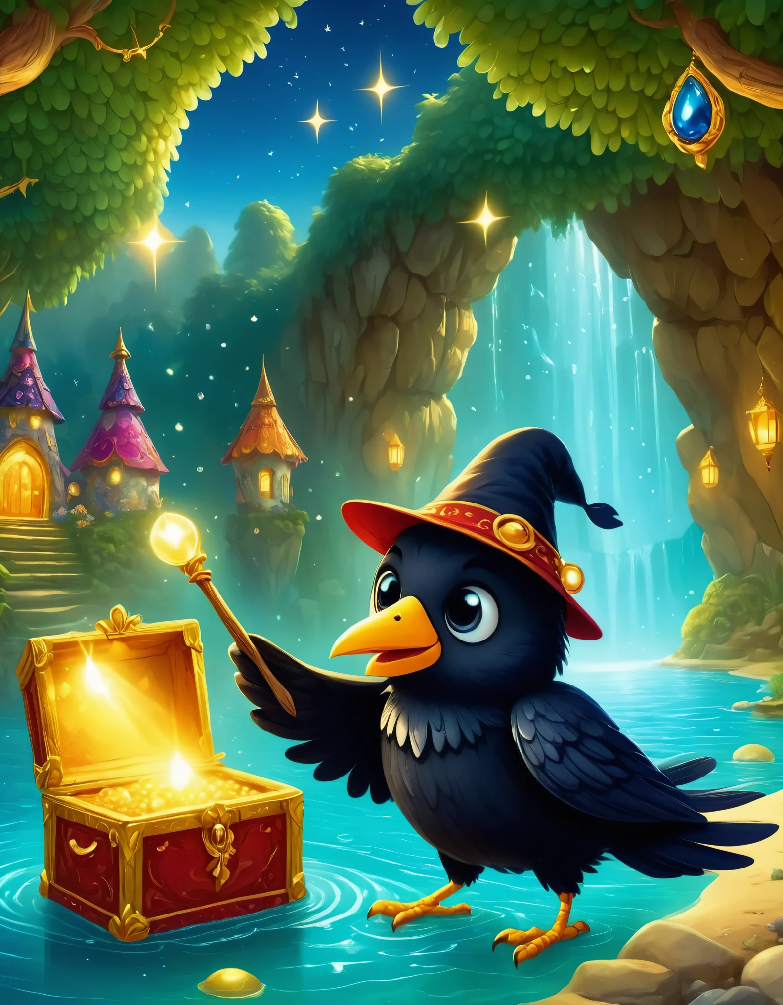 When a cute crow walked into the dark cave，A faint ray of sunlight shines through the gap of the wizard&#39;robe，Wear a special magician costume, Wear a pointed hat，Teach with a wand，Wear a bright silk scarf，Embroidered with a gold expedition badge，It symbolizes courage and adventure，The cave is filled with an ancient atmosphere，The walls are covered with sparkling crystals，Go deep into the cave, The crow discovered a hidden passage，The walls of the passage are inlaid with pearls of strange shapes，Exudes a soft scent，Go through the passage carefully，I vaguely heard the sound of running water.，Stunning underground waterfalls， Waterfalls cascade from towering rock walls，A pool of crystal clear water is formed，Swimming pool glows blue，There seems to be endless treasure hidden，Explore underwater islands made of pearls and gems， There is an exquisite treasure chest on the island，Set with sparkling diamonds，The crow opened the box carefully..，Discover a land filled with sparkling gems and golden coin lighting, 第一人称view, view, panoramic, super wide angle, ultra high definition, anatomically correct, masterpiece, precise, Award-winning, best quality，Dress Animal Page