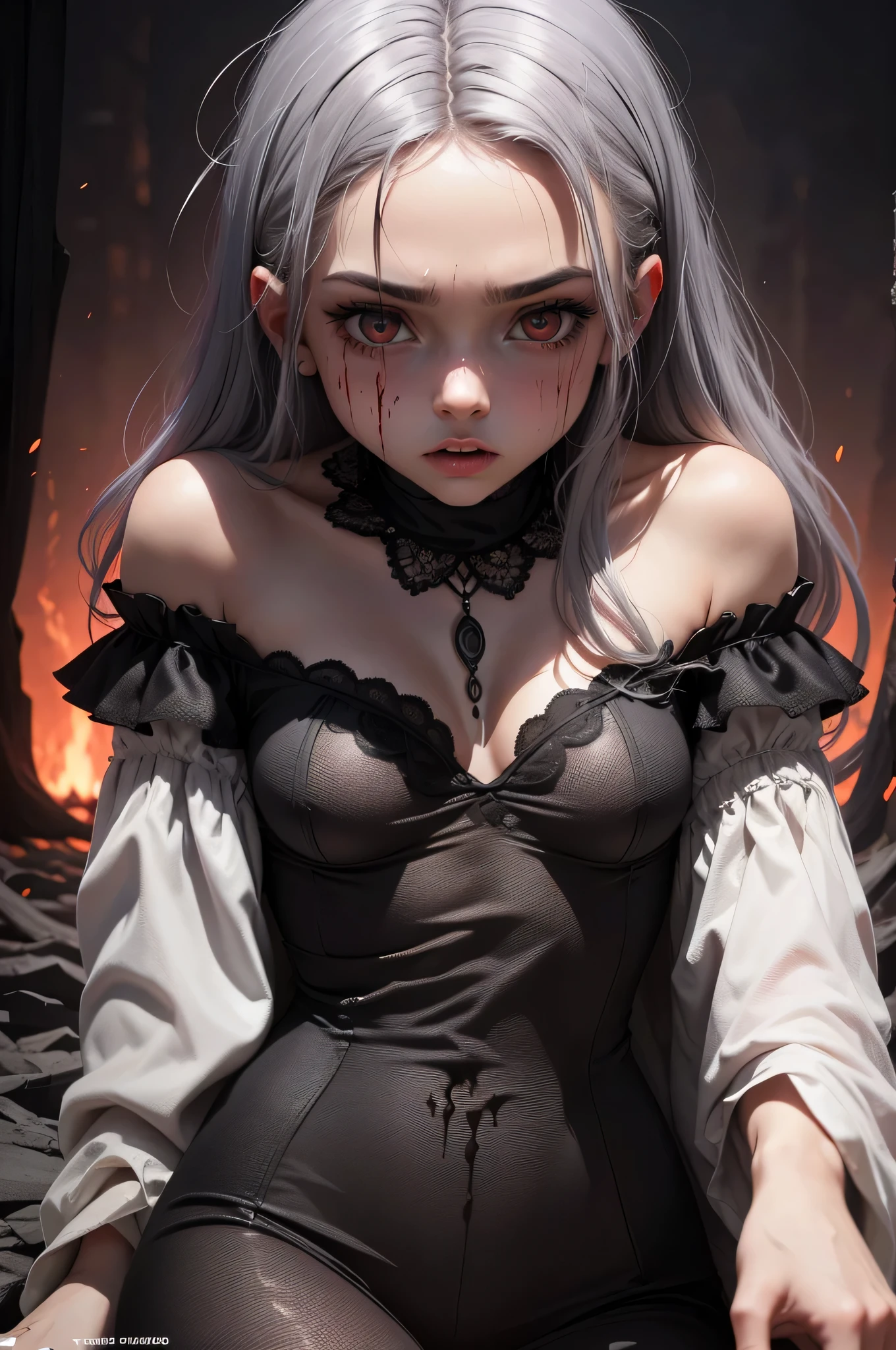 (solo, 1girl),(sits on the floor, back against the bed:1.3),(blood on the floor, blood:1.3),fragile young woman, (thin, small breasts),(elf, short ears:1.2), highly detailed beautiful face, dramatic eyes makeup, flawless skin,(sad,crying, tears), (grey hair, bob hair:1.3),((modest medieval nightgown:1.3), (body scars:1.2), slave collar:1.3),(she cuts her wristwith a glass shard, a wound on her wrist, bloody wrists:1.4), artstation, concept art, smooth, sharp focus, illustration, (grey eyes:1.3), medieval tavern bedroom background, (glass shards on the floor:1.3)