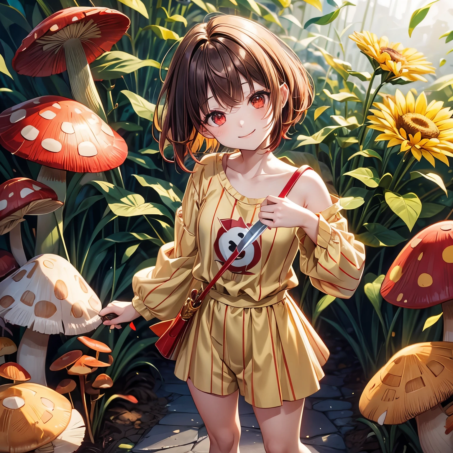 Red eyes, girl, holding a knife, Yellow-green striped shirt,Stripes are thicker, red eyes glow red, head tilt, Brown short hair mushroom head, With a clear smile on his face, chala, two-dimensional, Standing among golden flowers,There is a ray of light above the head