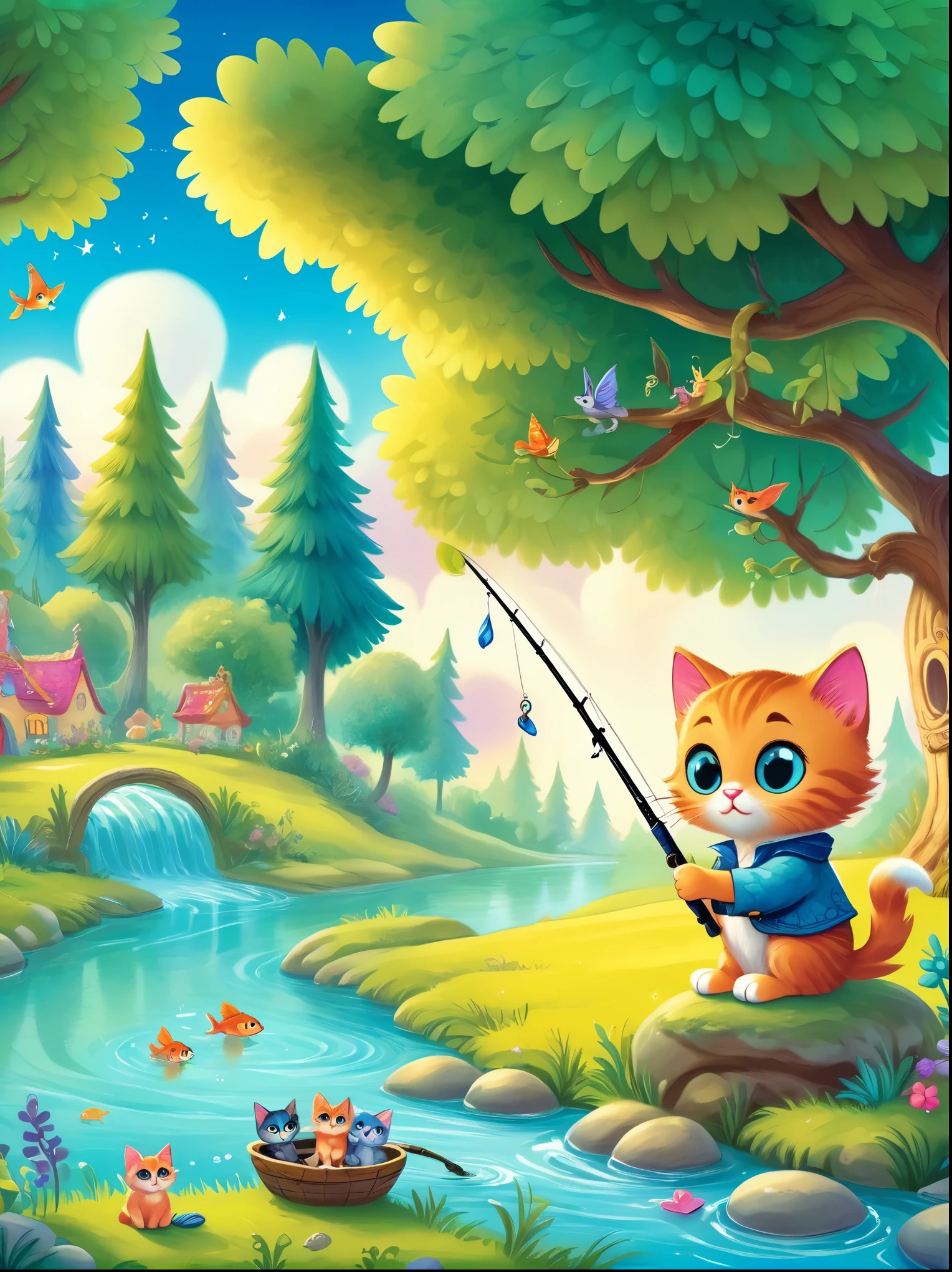 Show a scene from a children's book,In a fairytale setting,(1 kitten),(Holding a fishing rod),Fishing in the river,This scene is whimsical,Full of color and vibrant details,This is typical of children's stories.,The environment is characterized by unique trees,Featuring bright skies and magical elements,Bright colors,Can stimulate children's imagination,Kitten has exaggerated,cute features,Attractive to young readers,The background should capture the essence of an interesting and fascinating story
