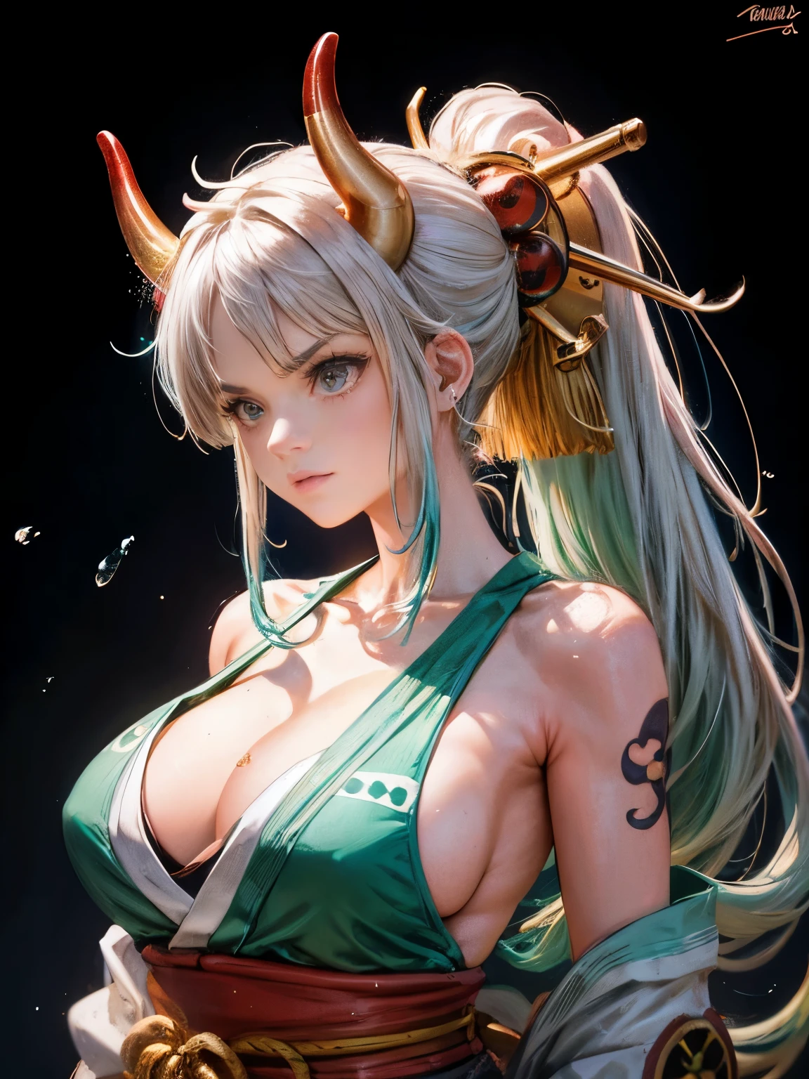 best quality,masterpiece,8k wallpaper,absurdres, highres, ultra detailed, (1 young beautiful girl, solo:1.1),yamato (one piece),breasts,sideboob, horns, shimenawa,japanese clothes, rope, multicolored horns, multicolored hair, long hair, sleeveless kimono,curled horns, hair stick, earrings, red horns, hair ornament, jewelry,bare arms, kimono, sleeveless,oni,bare shoulders, large breasts, brown eyes, white hair, aqua hair, collarbone, hakama, two-tone hair, sidelocks, high ponytail, upper body, v-shaped eyebrows,BREAK