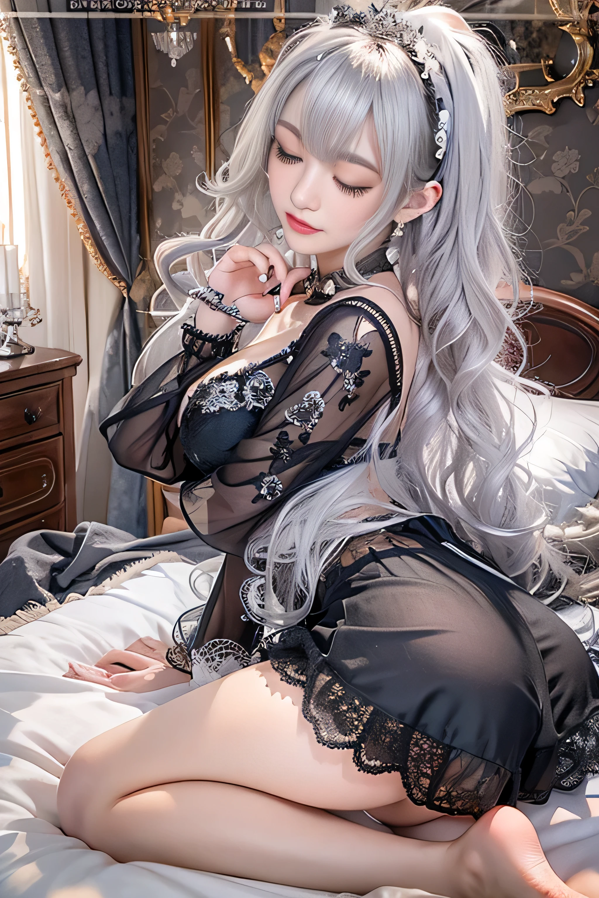 (woman lying on bed)realistic, High resolution, 1 female, alone, raise one's hips high, view viewer, (detailed face), gray hair, long hair, (Maid clothes), jewelry、)(off shoulder)、((no skirt))、(Upskirt)((Black lace panties visible))((close your eyes))、(sexy pose)(stick out your butt)((Rear view))look back